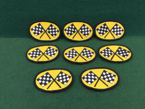 8 vintage checkered flag racing car snowmobile, motocross, patches lemans