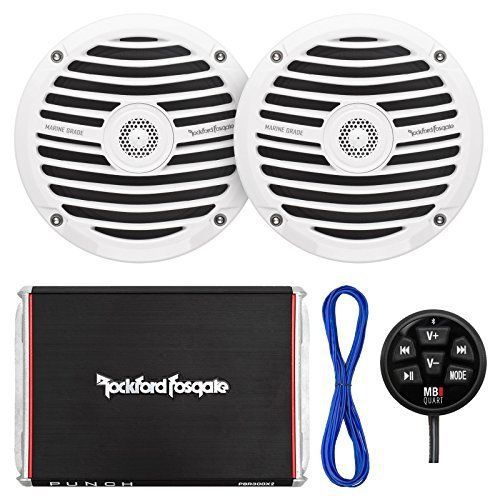 2x rockford rm0652 6.5&#034; marine white speakers, amplifier, bluetooth controller