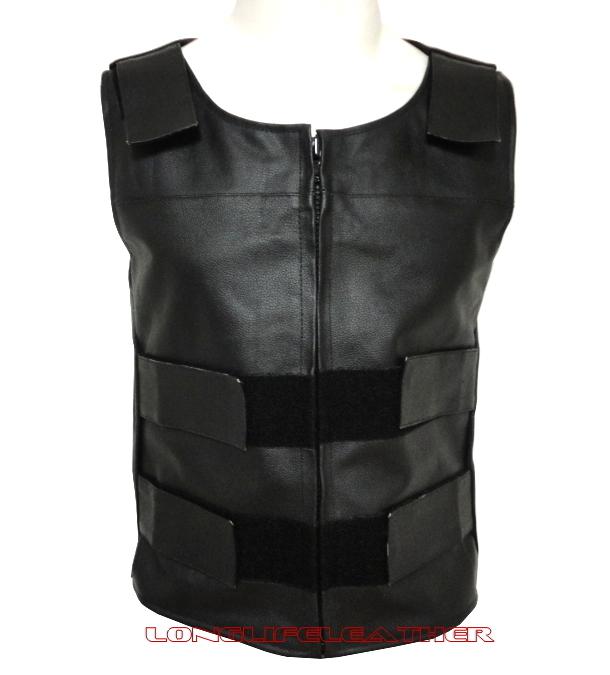 Xl size mens black bullet proof style zipper velcro leather motorcycle vest