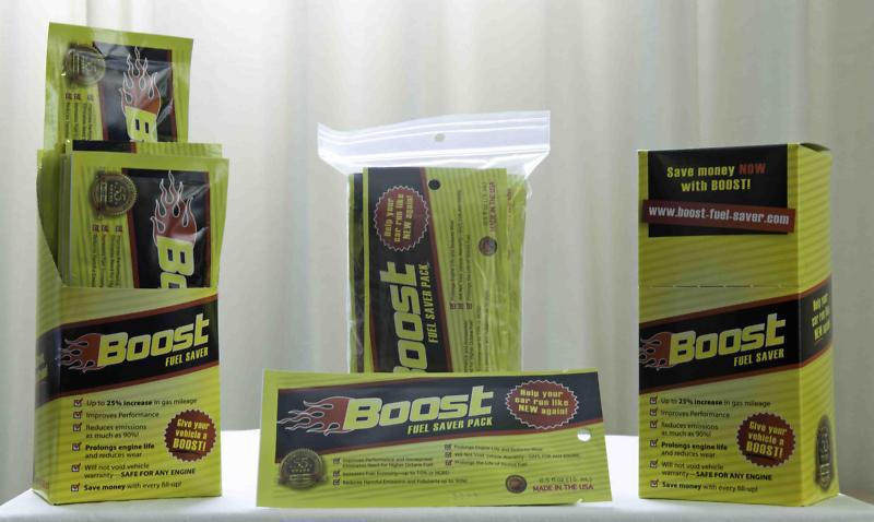 20 ct. boost fuel saver packs, packaged in a box, with a tearoff pop. display t