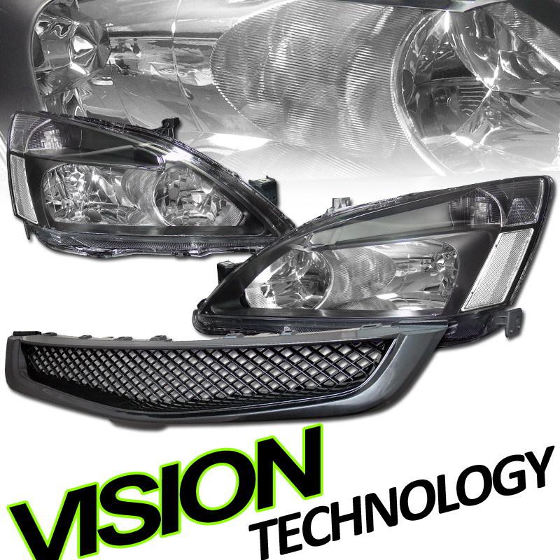 03-05 accord sedan blk housing clear lens headlights+abs mesh front grille/grill