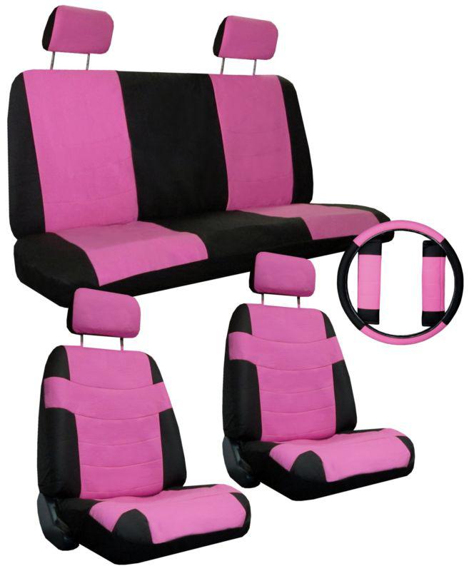 Pink black car seat covers set w/ steering wheel cover & belt shoulder pads #2 