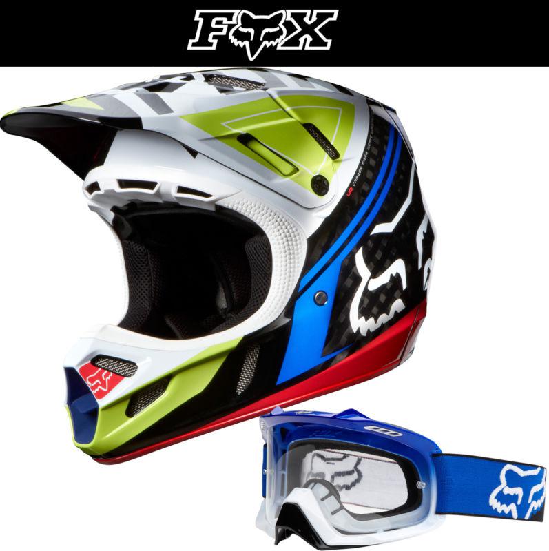 Fox racing v4 intake carbon black red dirt bike helmet w blue fade airspc goggle