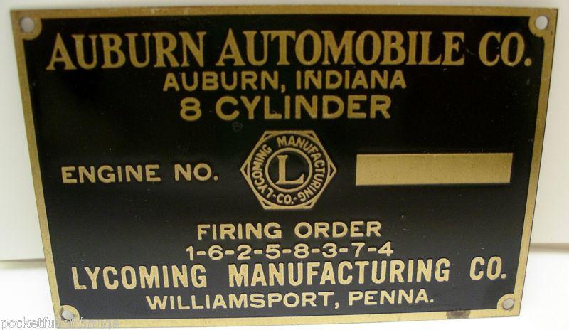 Auburn automobile co. indiana 8 cylinder firing order lycoming car placard 