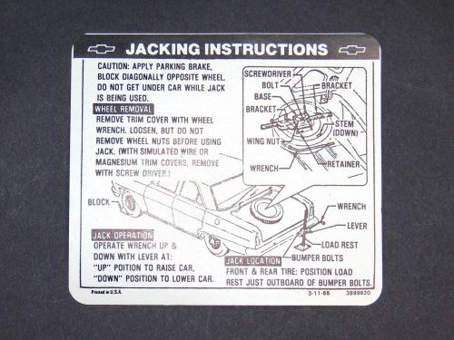 New trunk lid bumper jack instruction sticker chevy 2 nova 67 and ss