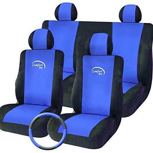 Tirol auto seat cover set 9pcs blue with steering wheel cover universal fit car