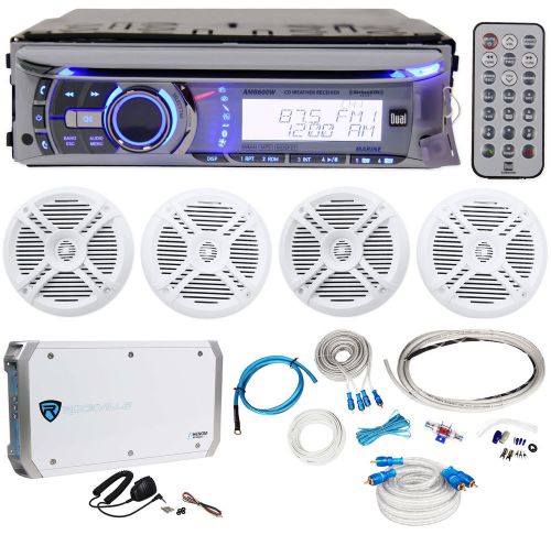 Dual amb600w marine cd stereo+(4) rockville 6.5&#034; boat speakers+4 ch. amp+amp kit