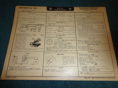 1952 chevrolet car wiring diagram &amp; tune-up chart / free shipping!!