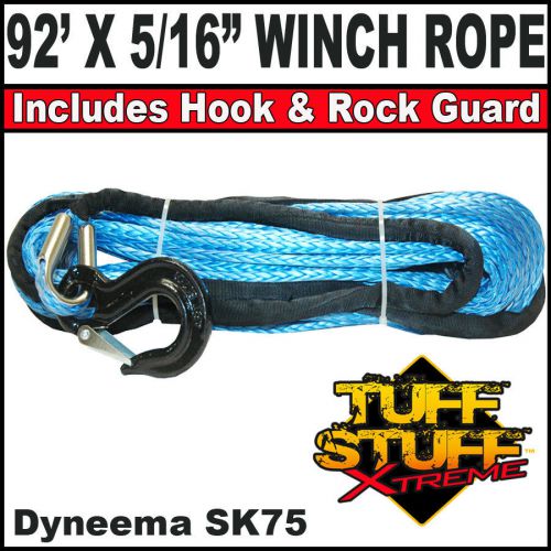 Blue 92&#039; x 5/16&#034; synthetic dyneema winch rope cable with black hook &amp; rock guard