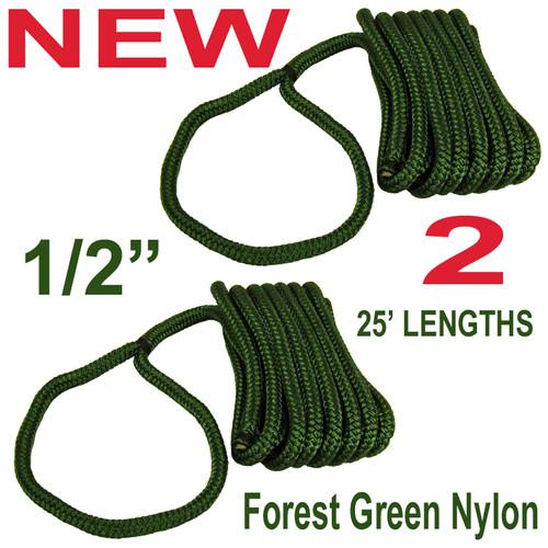 2 new 25' double braid 1/2" nylon dock line,marine boat tow rope,green