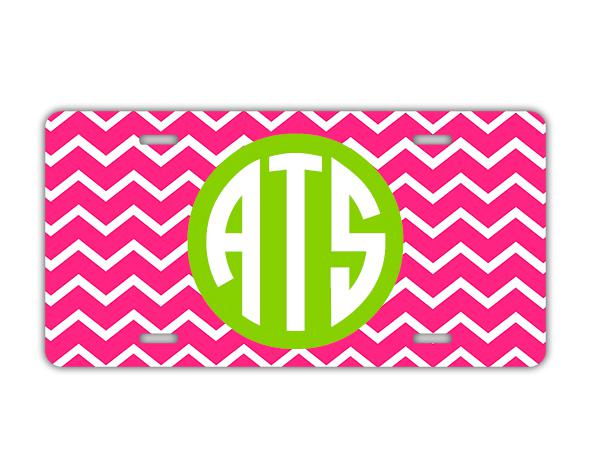 Preppy monogrammed license plate - hot pink chevron lime green car tag (9702)