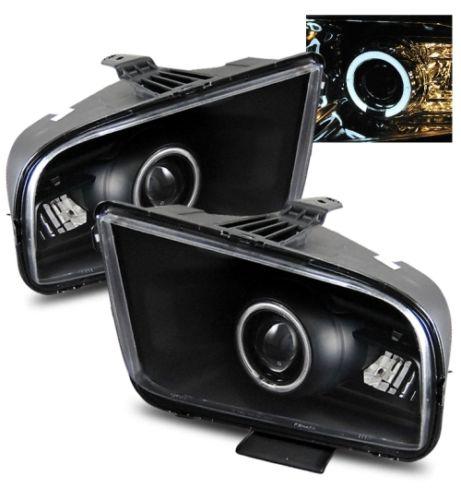 05-09 ford mustang aftermarket led angel eye halo black projector headlights