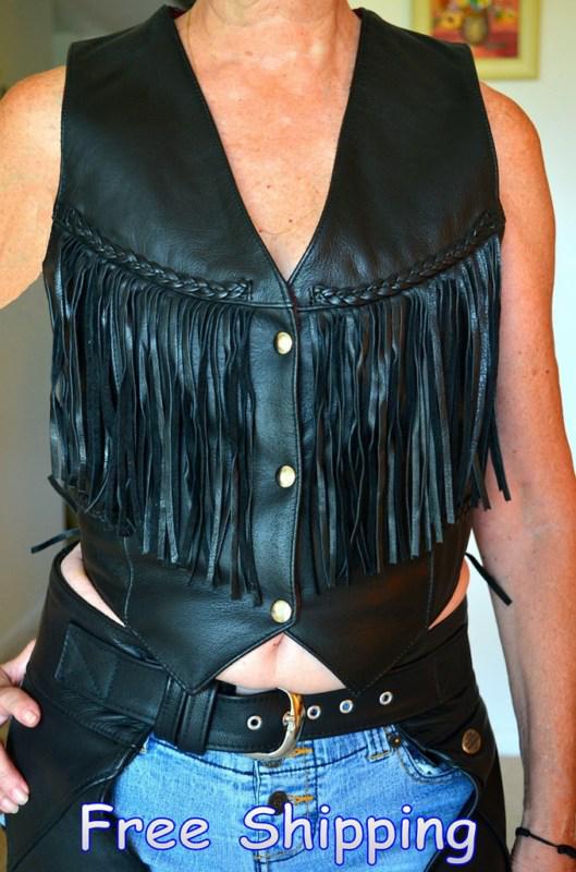 Ladies black leather motorcycle vest w/fringe & chaps w/braided trim & beads -xs
