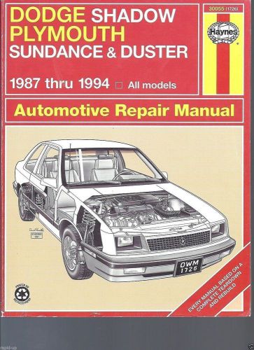Haynes repair manual dodge shadow plymouth sundance &amp; duster 1987 to 1994 #1726