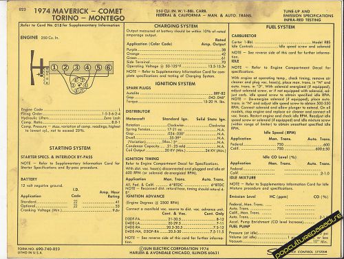 1974 ford mercury maverick comet torino montego 250 car sun electric spec sheet