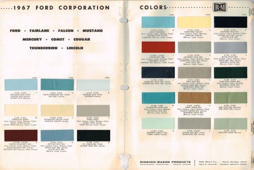 1967 ford/mercury/lincoln color paint sample brochure/chart:mustang,tbird,cougar
