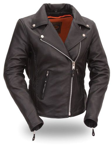 Ladies leather cowhide motorcycle jacket hourglass braid &amp; rivet details xs-5x