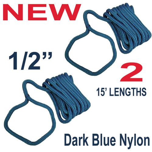 2 new 15' double braid 1/2" nylon dock line,marine boat tow rope,dark blue