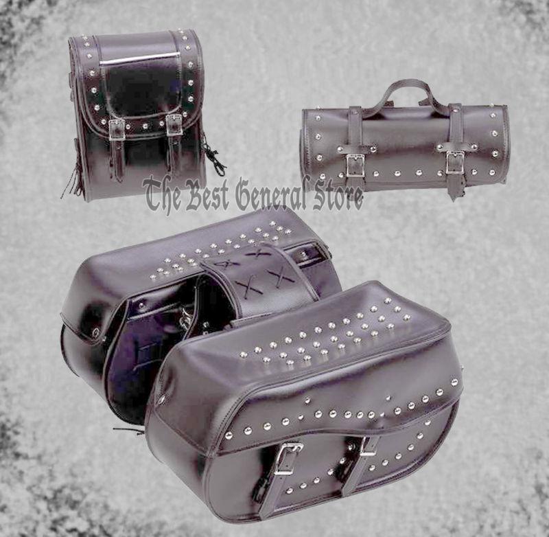 4pc waterproof black pvc studded motorcycle luggage saddlebag heavy-duty bag set