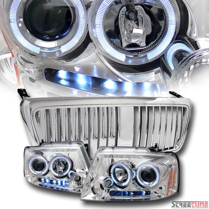Chrome drl halo led projector headlight+lincoln vertical grill grille 04-08 f150