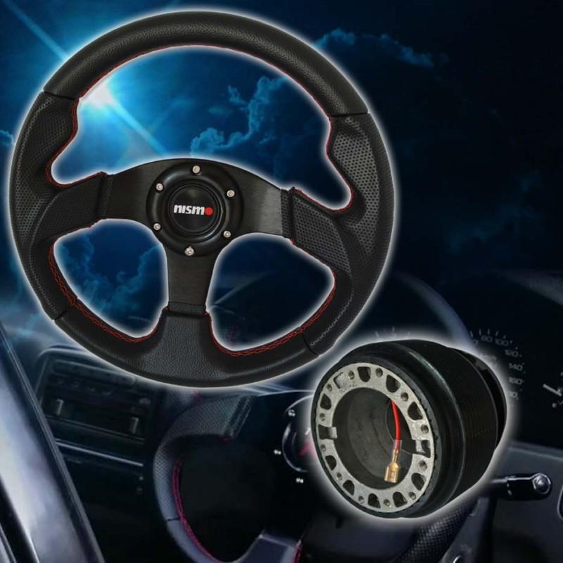 S13 s14 silvia z32 pvc black leather racing steering wheel red stitch + hub