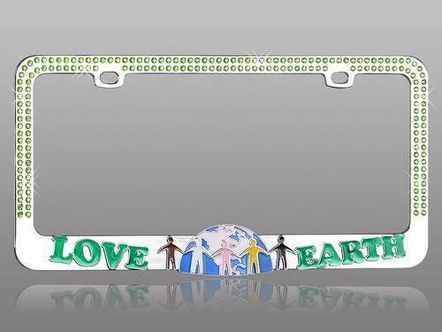 Love mother earth chrome license plate frame with green crystals lpf2mc028grn