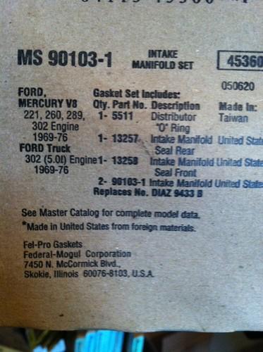 Fel-pro ms90103-1 engine intake manifold gasket ford 302 289 260 221 v-8