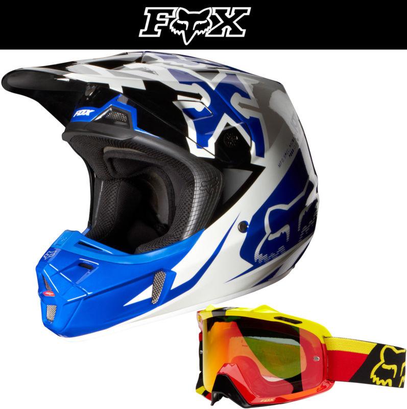 Fox racing v2 anthem blue white dirt bike helmet with ken roczen airspc goggle