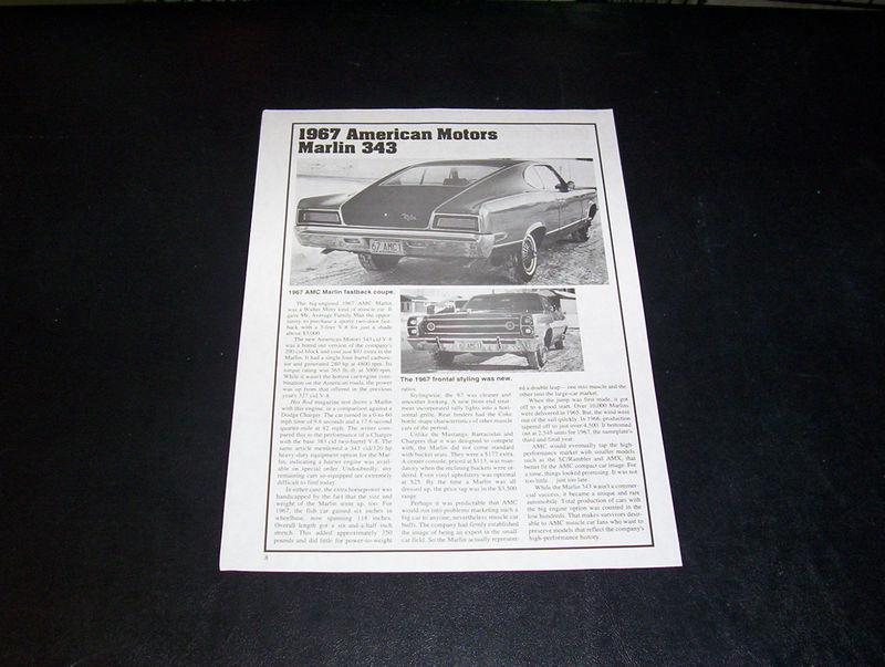 The 1967 amc marlin 343 car info spec page free ship!