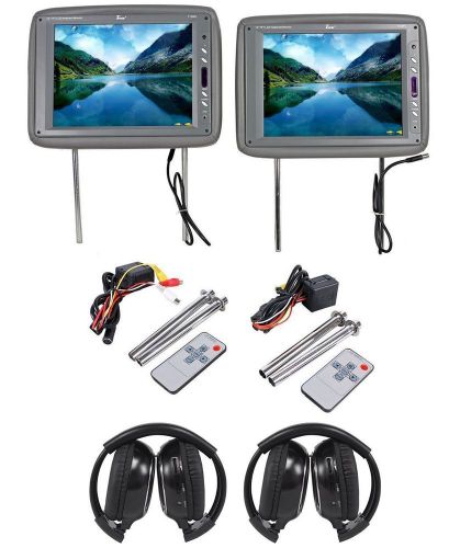 Pair of tview t120pl-gr 12&#034; gray car headrest monitors + 2 wireless headphones