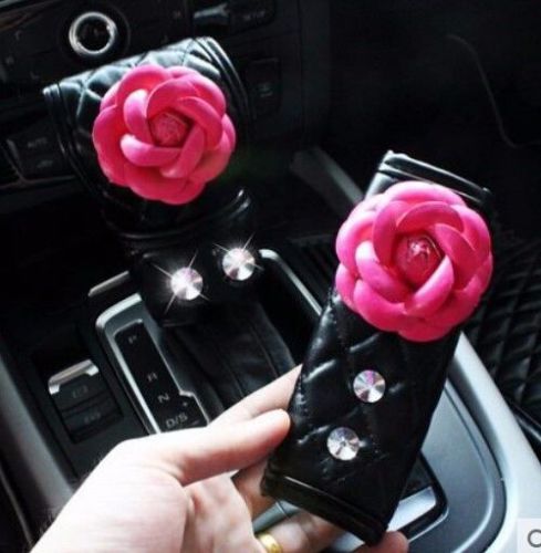 2pcs fashion lady camellia diamond car gear shift cover &amp; hand braker cover