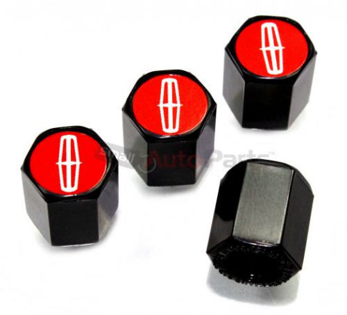 (4) lincoln red logo black abs tire/wheel pressure stem air valve caps covers