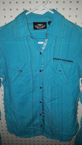 Harley davidson light long sleeve small turquoise blue snap up shirt classy sexy