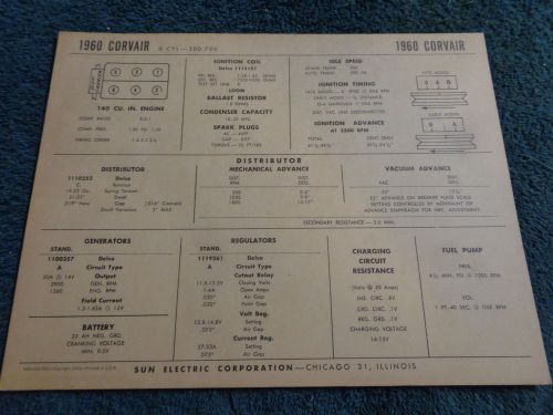 1960 chevrolet corvair tune-up chart / free shipping!!
