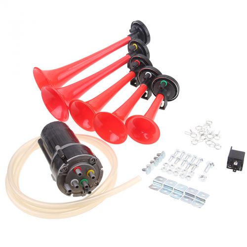 5pcs trumpet car motorcycle air horn + compressor + tube+relay kit red 125db 12v