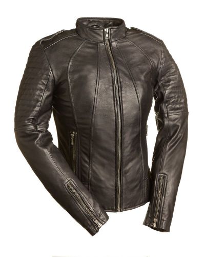 Ladies leather cowhide motorcycle sexy biker jacket sleeve zippers black xs-5x