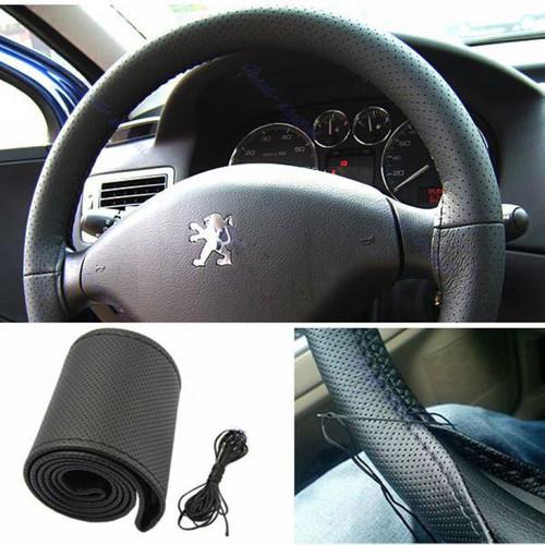 New genuine leather steering wheel cover with needles & thread diy black