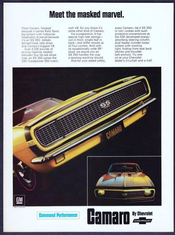 1967 chevrolet camaro masked marvel original gm car mag ad poster/print 1968