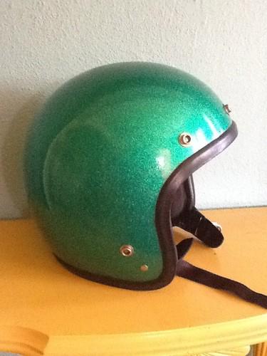 Vintage small/meduim green metal flake motorcycle helmet