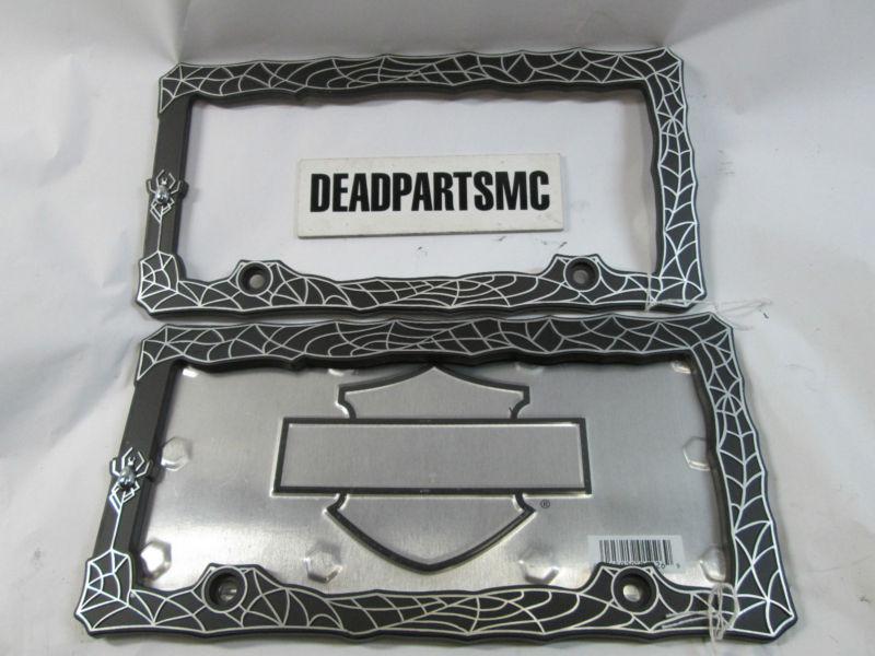 Harley car truck spider web bar and shield license plate trim rings