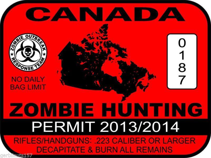 Canada zombie hunting permit license decal 3"x4" vinyl vehicle sticker graphics 
