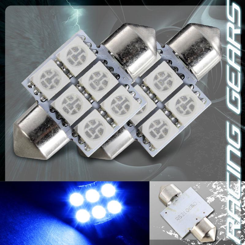 2x 31mm 1.25" blue 6 smd led festoon replacement dome interior light lamp bulb