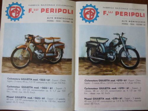 &#039;60 rare depliant 4 faces - f.lli peripoli motorbike giulietta alte montecchio