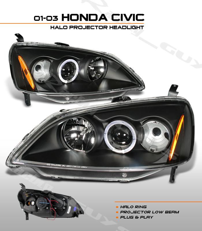 01 02 03 honda civic halo black projector headlight headlights dx lx 2/4 dr/door