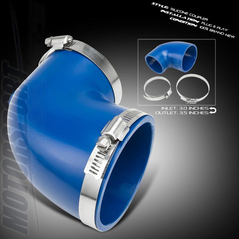 Blue 3"-3.5" 3-ply hose coupler reducer 90 degree elbow air intake clamps turbo
