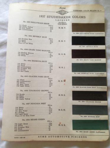 1937 studebaker~paint chip color chart~acme~dictator~express coupe~original!