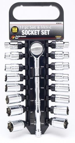 Performance tool w38202 17 piece 1/2&#034; drive sae and metric 6 point socket set