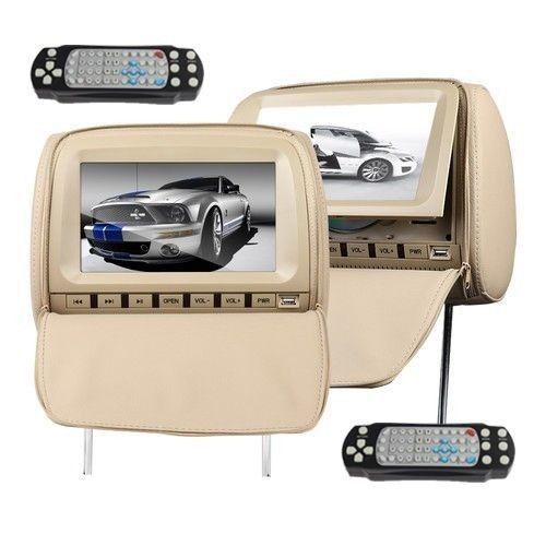 Pair 2 × 9&#034;lcd in beige pillow headrest car stereo player monitor rds+ headphone