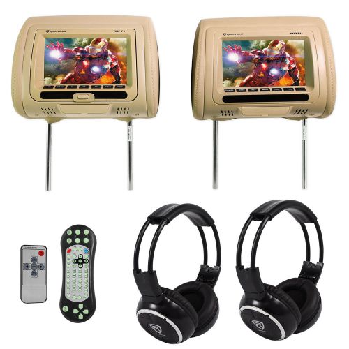 Rockville rdp711-bg 7” beige car headrest monitors w/dvd//hdmi/games+headphones