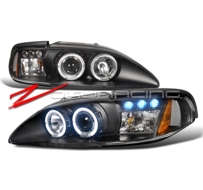 94-98 ford mustang led halo projector head lights black
